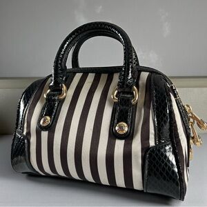 Henri Bendel Retired Black Light Gray Striped Small Handbag Satchel Gold Accent